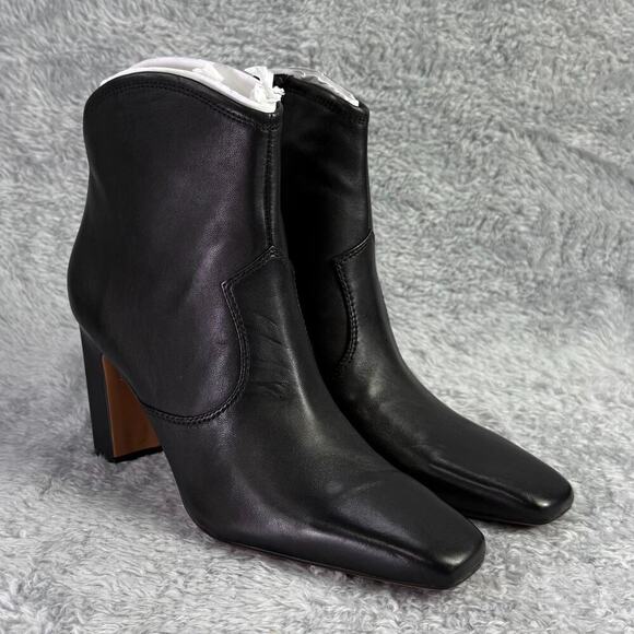 Franco Sarto Bayden Square Toe Ankle Boot Black Leather Heeled Bootie Women's 7 - Picture 1 of 8